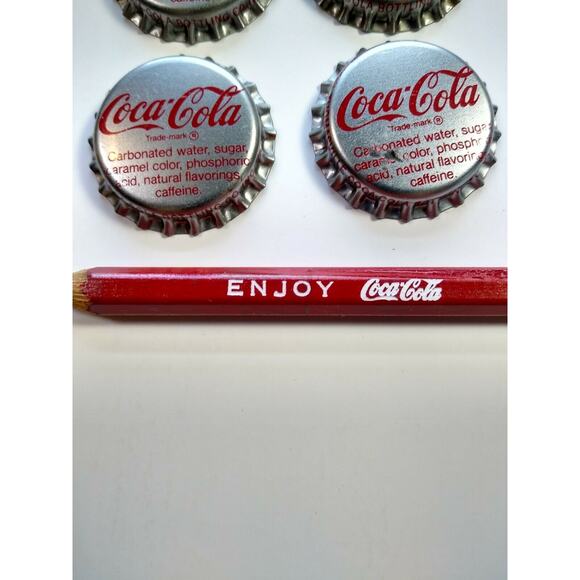 Coca-Cola Fishtale Pencil 1950's - 1960's NOS & 4 Soda Pop Bottle Caps Fish Tale - Picture 3 of 4